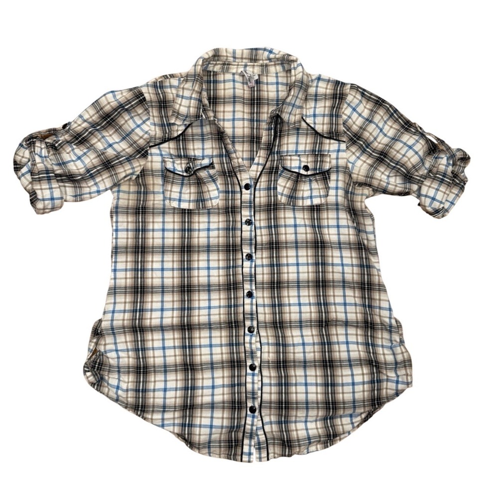 Street Flower Plaid Roll Tab‎ Sleeve Button Down Shirt Juniors Size XL Y2K